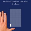 Størrelsessammenligning med hånd, artikel: 3041, et ark multifunktions-etiketter, format: 13 x 8 mm, farve: hvid?