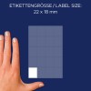 Størrelsessammenligning med hånd, Artikel: 3043, et ark universal-etiketter, format: 22 x 18 mm, farve: hvid?
