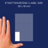 Størrelsessammenligning med hånd, artikel: 3077, et ark multifunktionelle etiketter, format: 38 x 18 mm, farve: hvid.
