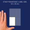 Størrelsessammenligning med hånd, Artikel: 3087, et ark universaletiketter, Format: 54 x 35 mm, Farve: Hvid?