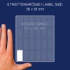 Størrelsessammenligning med hånd, artikel: 3324, et ark multifunktionelle etiketter, format: 38 x 18 mm, farve: hvid?