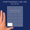 Størrelsessammenligning med hånd, Artikel: 3325, et ark med alsidige etiketter, Format: 38 x 24 mm, Farve: Hvid?