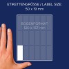 Størrelsessammenligning med hånd, artikel: 3327, et ark multifunktionelle etiketter, format: 50 x 19 mm, farve: hvid.
