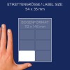 Størrelsessammenligning med hånd, artikel: 3337, et ark multifunktions-etiketter, format: 54 x 35 mm, farve: hvid?