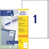 Pakningsbillede med etiketark: Avery Zweckform Universal-etiketter, artikel: 3418, format: 200 x 297 mm, printeregnet: Inkjet, laser s/h, farvelaser, indhold: 100 etiketter / 100 ark, 1 etiket/ark?