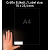 Størrelsessammenligning med hånd, artikel: 3421, et ark universelle etiketter, format: 70 x 25,4 mm, farve: hvid?