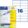 Æskens billede med etiketark: Avery Zweckform universaletiketter, artikel: 3423, format: 105 x 35 mm, printeregnethed: Inkjet, s/h laser, farvelaser, indhold: 1.600 etiketter / 100 ark, 16 etiketter/ark.
