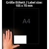 Størrelsessammenligning med hånd, artikel: 3426, et ark universelle etiketter, format: 105 x 70 mm, farve: hvid?