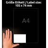 Størrelsessammenligning med hånd, Artikel: 3427, et ark universal-etiketter, Format: 105 x 74 mm, Farve: Hvid?