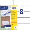 Pakningsbillede med etiketark: Avery Zweckform Universal-Etiketter, Artikel: 3427, Format: 105 x 74 mm, Printkompatibilitet: Inkjet, Laser s/h, Farvelaser, Indhold: 800 etiketter / 100 ark, 8 etiketter/ark.