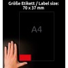 Størrelsessammenligning med hånd, Artikel: 3448, et ark farvede etiketter, Format: 70 x 37 mm, Farve: Rød?