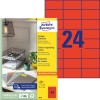 Pakningsbillede med etiketark: Avery Zweckform Farvede Etiketter, Artikel: 3448, Format: 70 x 37 mm, Trykgodkendelse: Inkjet, S/H laser, Farvelaser, Indhold: 2.400 etiketter / 100 ark, 24 etiketter/ark.
