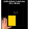 Størrelsessammenligning med hånd, artikel: 3459, et ark farvede etiketter, format: 105 x 148 mm, farve: gul.