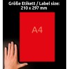 Billedet viser en rød A4-etiket med dimensioner 210 x 297 mm. En hånd er placeret ved siden af etiketten som størrelsesreference.