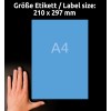 Størrelsessammenligning med hånd, Artikel: 3471, et ark farvede etiketter, format: 210 x 297 mm, farve: blå?