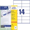 Pakningsbillede med etiketark: Avery Zweckform Universal-etiketter, Varenummer: 3477, Format: 105 x 41 mm, Printeregnethed: Inkjet, Lasers/h, Farvelaser, Indhold: 1.400 etiketter / 100 ark, 14 etiketter/ark.