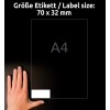 Størrelsessammenligning med hånd, Artikel: 3479, et ark universaletiketter, Format: 70 x 32 mm, Farve: hvid?