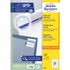 Pakkeillustration: Avery Zweckform Universal-etiketter, permanent klæbende, Artikel: 3479, Format: 70 x 32 mm, egnet til printere: Inkjet, Laser s/h, Farvelaser, Indhold: 2.700 etiketter / 100 ark, 27 etiketter/ark.