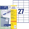 Pakkebillede med etiketark: Avery Zweckform Universal-Etiketter, Artikel: 3479, Format: 70 x 32 mm, Printeregnethed: Inkjet,Laser s/h,Farvelaser, Indhold: 2.700 etiketter / 100 ark, 27 etiketter/ark?