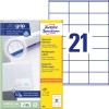 Pakningsbillede med etiketark: Avery Zweckform Universal-Etiketter, Artikel: 3481, Format: 70 x 41 mm, Printskompatibilitet: Inkjet, Laser s/h, Farvelaser, Indhold: 2.100 etiketter / 100 ark, 21 etiketter/ark.