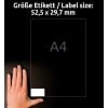 Størrelsessammenligning med hånd, Artikel: 3651, et ark universaletiketter, format: 52,5 x 29,7 mm, farve: hvid?