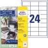 Pakkeillustration med etiketark: Avery Zweckform etiketter, Home Office, lille pakke, artikel: 3658-10, format: 64,6 x 33,8 mm, trykegnethed: inkjet, s/h laser, farvelaser, indhold: 240 etiketter / 10 ark, 24 etiketter/ark.