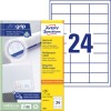Emballagebillede med etiketark: Avery Zweckform Universal-etiketter, Artikel: 3658, Format: 64,6 x 33,8 mm, Printeregnethed: Inkjet, Laser s/h, Farvelaser, Indhold: 2.400 etiketter / 100 ark, 24 etiketter/ark.