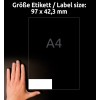 Størrelsessammenligning med hånd, artikel: 3659, et ark universelle etiketter, format: 97 x 42,3 mm, farve: hvid?