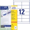 Pakkeillustration med etiketark: Avery Zweckform universal-etiketter, Artikel: 3659, Format: 97 x 42,3 mm, Udskrivningsegnet: Inkjet, Laser s/h, Farvelaser, Indhold: 1.200 etiketter / 100 ark, 12 etiketter/ark.