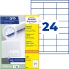 Etiketbillede med etiketark: Avery Zweckform Universal-etiketter, Artikel: 3664, Format: 70 x 33,8 mm, Udskrivning: Inkjet, Laser s/h, Farvelaser, Indhold: 2.400 etiketter / 100 ark, 24 etiketter/ark.