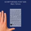 Størrelsessammenligning med hånd, artikel: 3780, et ark med bogstavetiketter, format: 85 x 160 mm, farve: sort.