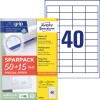 Pakkeillustration med etiketark: Avery Zweckform Universal-Etiketter, Artikel: 4780-65, Format: 48,5 x 25,4 mm, Udstyr til trykning: Inkjet, Laser s/h, Farvelaser, Indhold: 2.600 etiketter / 65 ark, 40 etiketter/ark.