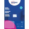Billedet viser en kortholder fra Avery, med produktoplysninger som 'Kortholdere', dimensioner og et eksempel på et navneskilt. Den er designet til alle printere.