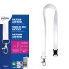Billedet viser genbrugte lanyards med en triggerklips, der fremhæver emballagedetaljer som størrelse og miljømæssig bæredygtighed. Lanyardene synes at være hvide.