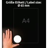 Størrelsessammenligning med hånd, artikel: 5081, et ark Runde etiketter, aftagelig, format: ⌀ 65 mm, farve: hvid.