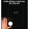 Billedet viser en hånd ved siden af en størrelsesdiagram for etiketter, der angiver dimensionerne 60 x 59,5 mm, med en reference til A4-størrelse.