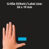 Størrelsessammenligning med hånd, Artikel: 51047, et ark Farvede etiketter, Format: 50 x 19 mm, Farve: Blå, Gul, neongrøn, neonorange, neonrød?