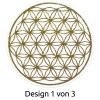 Billedet har et cirkulært design med et gentagende mønster af overlappende blomster, farvet i grønt. Det er mærket 'Design 1 von 3'.