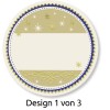 Billedet har et cirkulært design med en grøn og blå farvepalet. Det indeholder dekorative elementer som snefnug og udsmykkede linjer, med et tomt område i midten til tilpasning. Teksten nederst siger 'Design 1 af 3'.