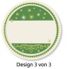 Billedet viser et cirkulært etiketdesign med et grønt og cremefarvet farveskema. Det indeholder dekorative elementer som stjerner og hvirvler og har et tomt område i midten til at skrive. Etiketten er mærket 'Design 3 von 3.'