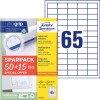 Pakningsbillede med etiketark: Avery Zweckform Universal-Etiketter, Artikel: 6121-65, Format: 38 x 21,2 mm, Printeregnethed: Inkjet, Laser s/h, Farvelaser, Indhold: 4.225 etiketter / 65 ark, 65 etiketter/ark.