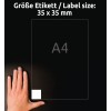 Størrelsessammenligning med hånd, Artikel: 6251REV-10, et ark kvadratiske etiketter, aftagelig, format: 35 x 35 mm, farve: hvid?