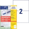 Pakningsillustration med etiketark: Avery Zweckform Universal-etiketter, Artikel: 6604, Format: 210 x 148 mm, Trykegnethed: Inkjet, Laser s/h, Farvelaser, Indhold: 130 etiketter / 65 ark, 2 etiketter/ark.