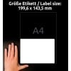 Billedet viser en hånd, der holder en etiket, som angiver en størrelse på 199,6 x 143,5 mm, sammen med etiketten mærket som A4.