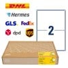 Pakkebilled med etiketark: Avery Zweckform Forsendelsesetiketter, Artikel: 8018-300, Format: 199,6 x 143,5 mm, Printeregnethed: Inkjet, Laser s/h, Farvelaser, Indhold: 600 etiketter / 300 ark, 2 etiketter/ark.