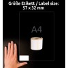 Størrelsessammenligning med hånd, Artikel: A1933084, et ark rulleetiketter, format: 32 x 57 mm, farve: Hvid?