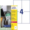 Pakningsbillede med etiketark: Avery Zweckform Ultra-resistente folieetiketter, Artikel: B3483-50, Format: 105 x 148 mm, Printeregnethed: Laser s/h, Farvelaser, Indhold: 200 etiketter / 50 ark, 4 etiketter/ark.