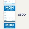 Billedet viser aftagelige etiketter med ordet 'MON' i store bogstaver, sammen med sektioner for dato, vare, mængde, navn og en note, der angiver 'x500'.