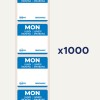 Billedet viser en stak aftagelige etiketter for mandag på flere sprog, med en samlet mængde på 1000 etiketter. Hver etiket har et blåt design og Avery-logoet.