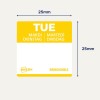 En gul post-it-seddel mærket 'TUE' med oversættelser på fransk og tysk, måler 25mm x 25mm, fra Avery, markeret som aftagelig.